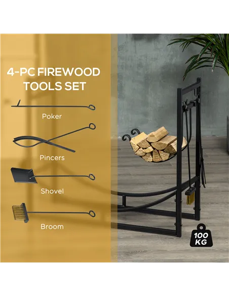 Outsunny Metal Firewood Log Holder Indoor Outdoor Firewood Rack Fireplace 2 Tier Wood Storage Shelf with 4 Tools, Hooks, Scrolls