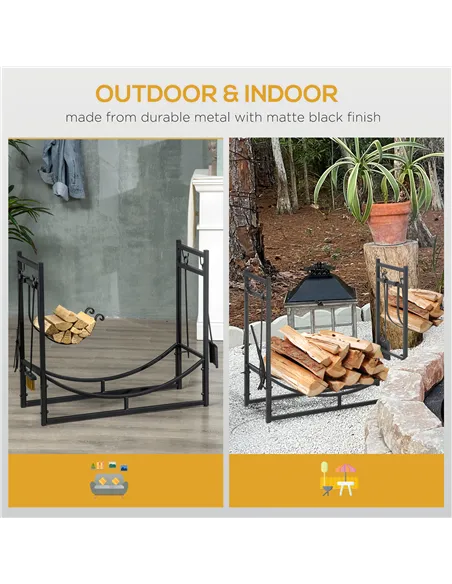 Outsunny Metal Firewood Log Holder Indoor Outdoor Firewood Rack Fireplace 2 Tier Wood Storage Shelf with 4 Tools, Hooks, Scrolls