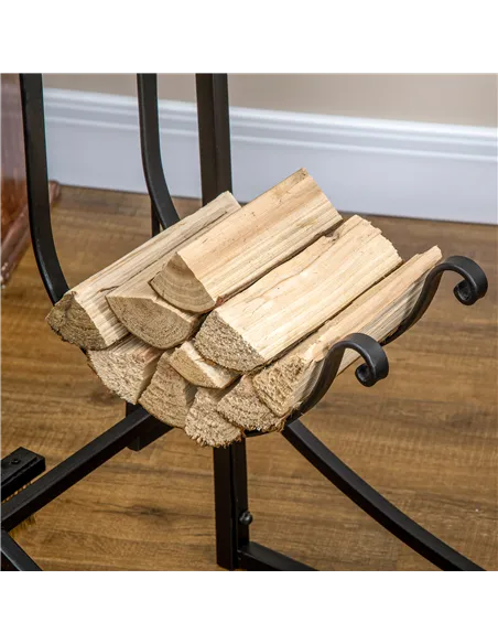 Outsunny Metal Firewood Log Holder Indoor Outdoor Firewood Rack Fireplace 2 Tier Wood Storage Shelf with 4 Tools, Hooks, Scrolls