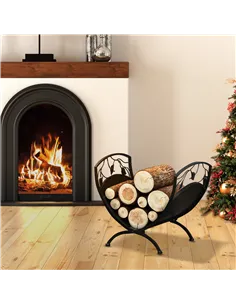 Outsunny Metal Arced Firewood Log Holder Indoor Outdoor Folding Firewood Rack Fireplace Wood Storage Shelf w/ Leaf Pattern Desig 2