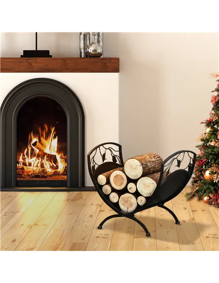 Outsunny Metal Arced Firewood Log Holder Indoor Outdoor Folding Firewood Rack Fireplace Wood Storage Shelf w/ Leaf Pattern Desig