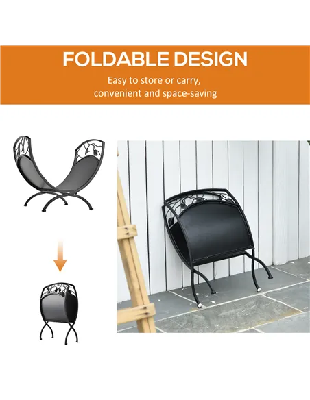 Outsunny Metal Arced Firewood Log Holder Indoor Outdoor Folding Firewood Rack Fireplace Wood Storage Shelf w/ Leaf Pattern Desig