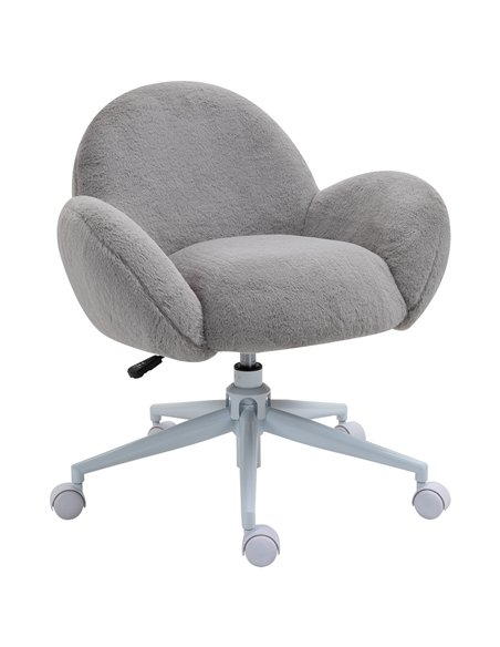 HOMCOM Makeup Vanity Chair, Cute Fluffy Desk Chair with Rolling Wheels for Bedroom Living Room, Grey