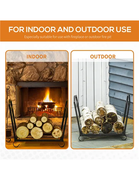 Outsunny Metal Firewood Log Holder Indoor Outdoor Folding Firewood Rack Fireplace Wood Storage Shelf w/ Scrolls, Rust-Resistant,