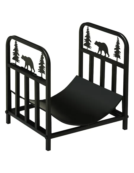 Outsunny Metal Firewood Log Holder Indoor Outdoor Firewood Rack Inner Arced Fireplace Wood Storage Shelf w/ Bear Shape Design, R