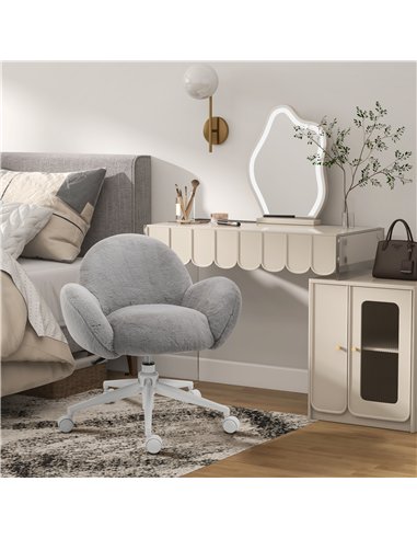 HOMCOM Makeup Vanity Chair, Cute Fluffy Desk Chair with Rolling Wheels for Bedroom Living Room, Grey