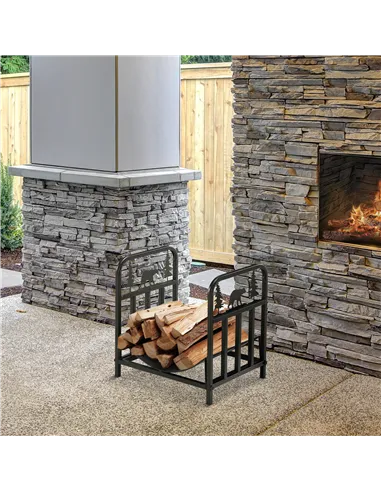 Outsunny Metal Firewood Log Holder Indoor Outdoor Firewood Rack Inner Arced Fireplace Wood Storage Shelf w/ Bear Shape Design, R