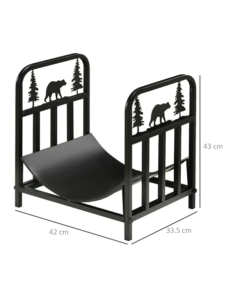 Outsunny Metal Firewood Log Holder Indoor Outdoor Firewood Rack Inner Arced Fireplace Wood Storage Shelf w/ Bear Shape Design, R