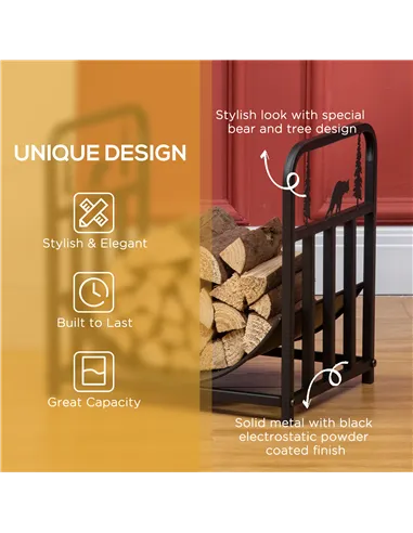 Outsunny Metal Firewood Log Holder Indoor Outdoor Firewood Rack Inner Arced Fireplace Wood Storage Shelf w/ Bear Shape Design, R