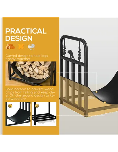 Outsunny Metal Firewood Log Holder Indoor Outdoor Firewood Rack Inner Arced Fireplace Wood Storage Shelf w/ Bear Shape Design, R