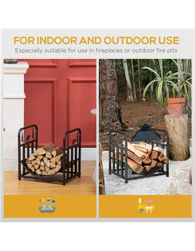 Outsunny Metal Firewood Log Holder Indoor Outdoor Firewood Rack Inner Arced Fireplace Wood Storage Shelf w/ Bear Shape Design, R