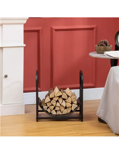 Outsunny Metal Firewood Log Holder Indoor Outdoor Firewood Rack Inner Arced Fireplace Wood Storage Shelf w/ Bear Shape Design, R