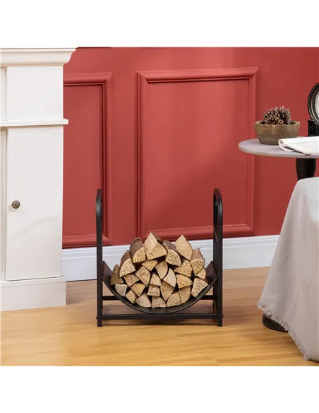 Outsunny Metal Firewood Log Holder Indoor Outdoor Firewood Rack Inner Arced Fireplace Wood Storage Shelf w/ Bear Shape Design, R