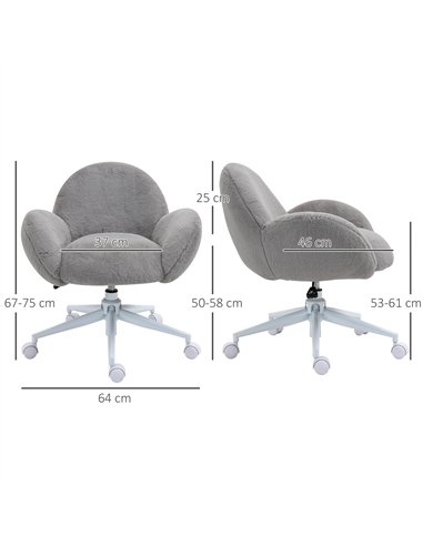 HOMCOM Makeup Vanity Chair, Cute Fluffy Desk Chair with Rolling Wheels for Bedroom Living Room, Grey