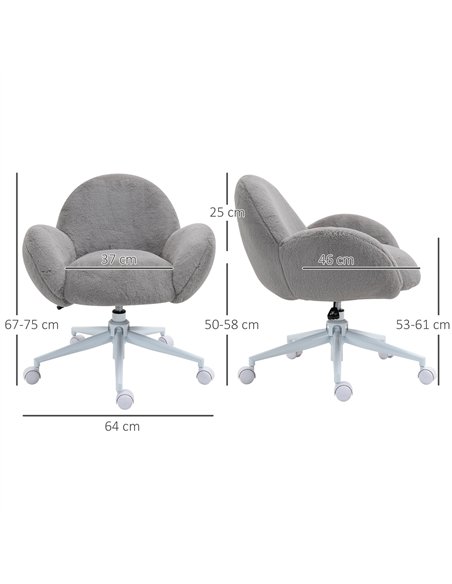 HOMCOM Makeup Vanity Chair, Cute Fluffy Desk Chair with Rolling Wheels for Bedroom Living Room, Grey