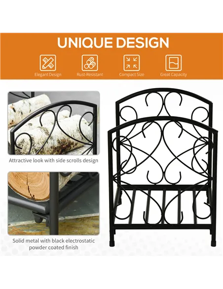 Outsunny Metal Firewood Log Holder Indoor Outdoor Firewood Rack Fireplace Wood Storage Shelf w/ Elegant Scrolls, Rust-Resistant,