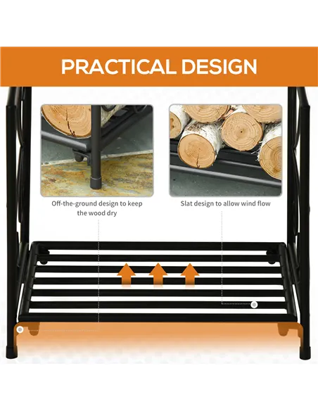 Outsunny Metal Firewood Log Holder Indoor Outdoor Firewood Rack Fireplace Wood Storage Shelf w/ Elegant Scrolls, Rust-Resistant,
