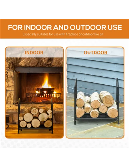 Outsunny Metal Firewood Log Holder Indoor Outdoor Firewood Rack Fireplace Wood Storage Shelf w/ Elegant Scrolls, Rust-Resistant,