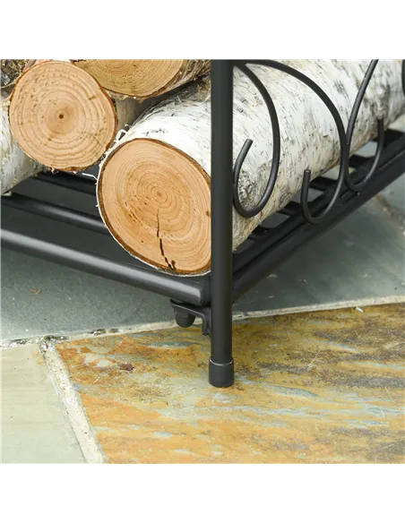 Outsunny Metal Firewood Log Holder Indoor Outdoor Firewood Rack Fireplace Wood Storage Shelf w/ Elegant Scrolls, Rust-Resistant,