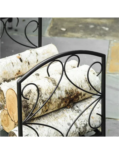 Outsunny Metal Firewood Log Holder Indoor Outdoor Firewood Rack Fireplace Wood Storage Shelf w/ Elegant Scrolls, Rust-Resistant,