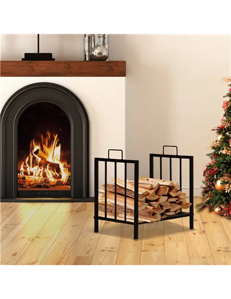 Outsunny Metal Firewood Log Holder Indoor Outdoor Firewood Rack Fireplace Wood Storage Shelf w/ Handles, Rust-Resistant, Black, 