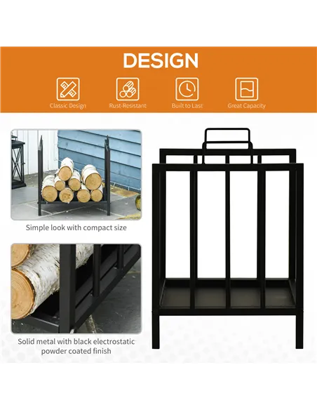 Outsunny Metal Firewood Log Holder Indoor Outdoor Firewood Rack Fireplace Wood Storage Shelf w/ Handles, Rust-Resistant, Black, 