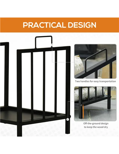 Outsunny Metal Firewood Log Holder Indoor Outdoor Firewood Rack Fireplace Wood Storage Shelf w/ Handles, Rust-Resistant, Black, 