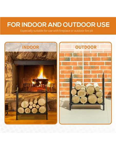 Outsunny Metal Firewood Log Holder Indoor Outdoor Firewood Rack Fireplace Wood Storage Shelf w/ Handles, Rust-Resistant, Black, 