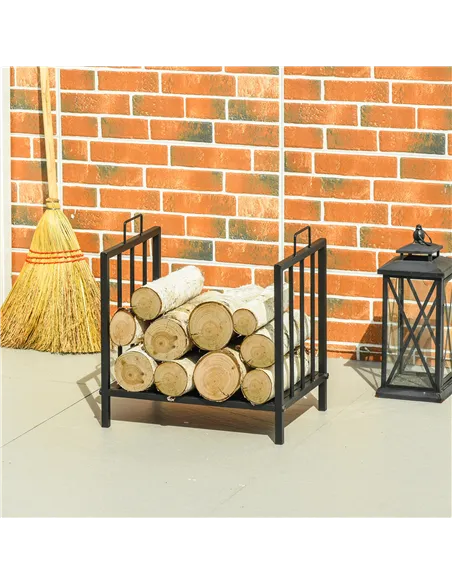 Outsunny Metal Firewood Log Holder Indoor Outdoor Firewood Rack Fireplace Wood Storage Shelf w/ Handles, Rust-Resistant, Black, 
