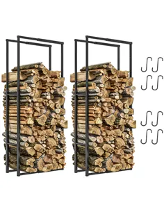 Outsunny Firewood Log Rack Set of 2, Retractable Metal Wood Store Holder, Indoor Outdoor Fireplace Log Storage Shelf with Hooks,