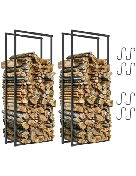 Outsunny Firewood Log Rack Set of 2, Retractable Metal Wood Store Holder, Indoor Outdoor Fireplace Log Storage Shelf with Hooks,