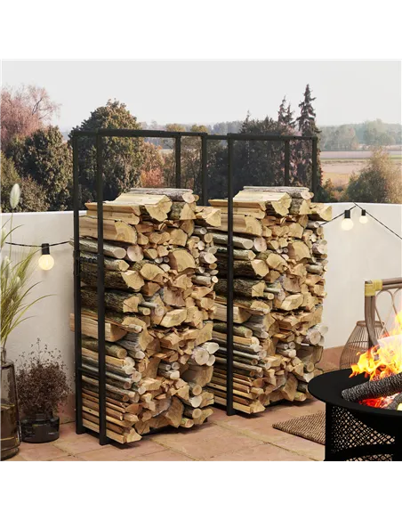 Outsunny Firewood Log Rack Set of 2, Retractable Metal Wood Store Holder, Indoor Outdoor Fireplace Log Storage Shelf with Hooks,