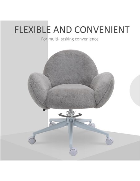 HOMCOM Makeup Vanity Chair, Cute Fluffy Desk Chair with Rolling Wheels for Bedroom Living Room, Grey