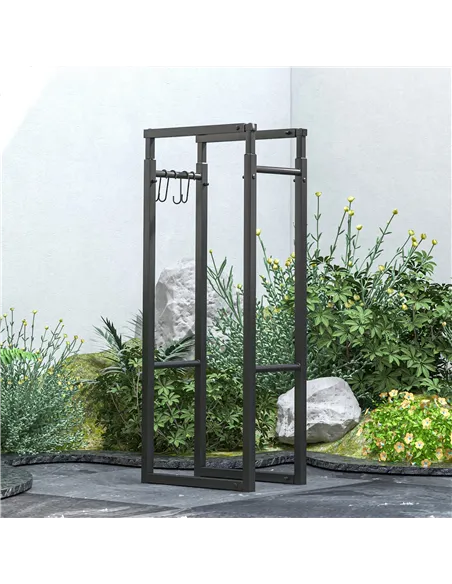 Outsunny Firewood Log Rack Set of 2, Retractable Metal Wood Store Holder, Indoor Outdoor Fireplace Log Storage Shelf with Hooks,