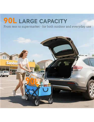 Outsunny 90L Festival Trolley on Wheels, Folding Camping Trolley Cart with Adjustable Handle, Portable for Outdoor, Garden, Shop