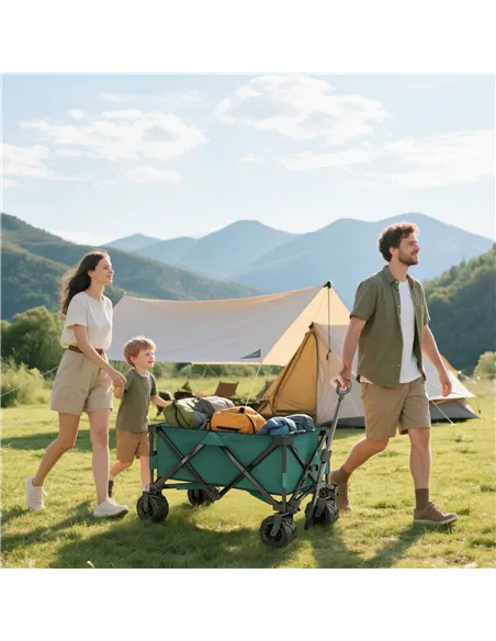 Outsunny 140L Festival Trolley on Wheels, Folding Camping Trolley Cart with Telescopic Handle, Big Wheels for Outdoor Garden Bea
