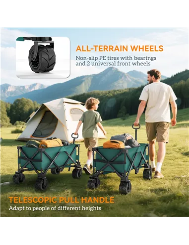 Outsunny 140L Festival Trolley on Wheels, Folding Camping Trolley Cart with Telescopic Handle, Big Wheels for Outdoor Garden Bea