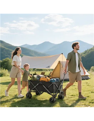 Outsunny Outdoor Folding Garden Trolley on Wheels, Capming Cargo Wagon Cart Trailer w/ Handle, Wheels for Beach Garden, Black