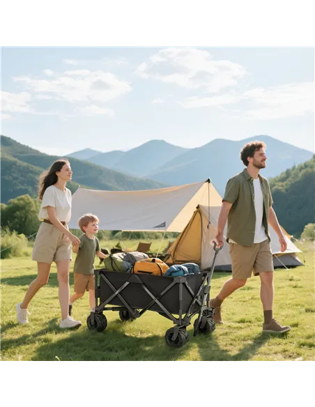 Outsunny Outdoor Folding Garden Trolley on Wheels, Capming Cargo Wagon Cart Trailer w/ Handle, Wheels for Beach Garden, Black