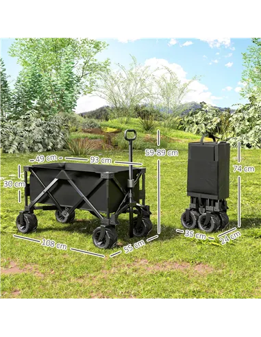 Outsunny Outdoor Folding Garden Trolley on Wheels, Capming Cargo Wagon Cart Trailer w/ Handle, Wheels for Beach Garden, Black