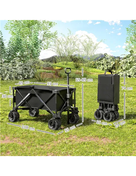 Outsunny Outdoor Folding Garden Trolley on Wheels, Capming Cargo Wagon Cart Trailer w/ Handle, Wheels for Beach Garden, Black