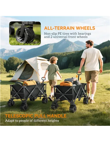 Outsunny Outdoor Folding Garden Trolley on Wheels, Capming Cargo Wagon Cart Trailer w/ Handle, Wheels for Beach Garden, Black