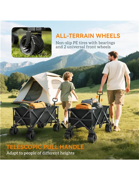 Outsunny Outdoor Folding Garden Trolley on Wheels, Capming Cargo Wagon Cart Trailer w/ Handle, Wheels for Beach Garden, Black
