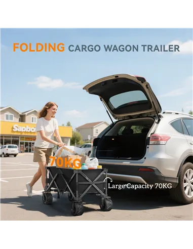 Outsunny Outdoor Folding Garden Trolley on Wheels, Capming Cargo Wagon Cart Trailer w/ Handle, Wheels for Beach Garden, Black