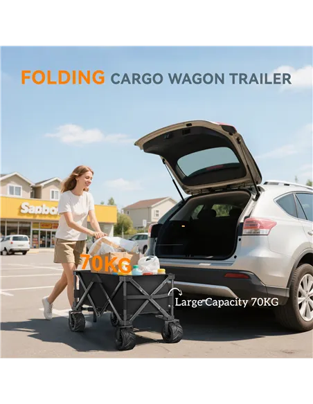 Outsunny Outdoor Folding Garden Trolley on Wheels, Capming Cargo Wagon Cart Trailer w/ Handle, Wheels for Beach Garden, Black