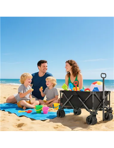 Outsunny Outdoor Folding Garden Trolley on Wheels, Capming Cargo Wagon Cart Trailer w/ Handle, Wheels for Beach Garden, Black