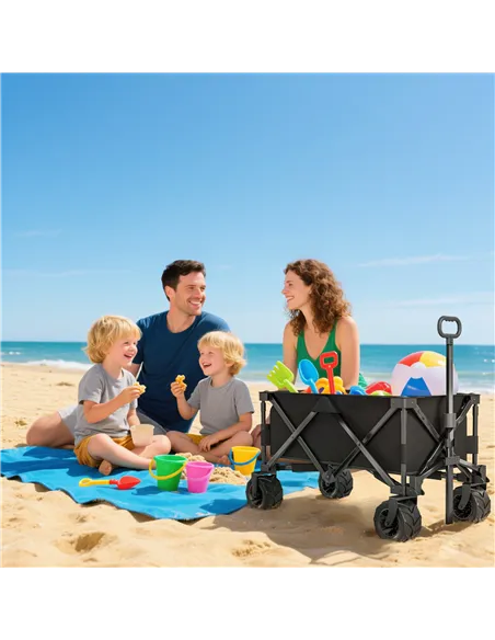 Outsunny Outdoor Folding Garden Trolley on Wheels, Capming Cargo Wagon Cart Trailer w/ Handle, Wheels for Beach Garden, Black