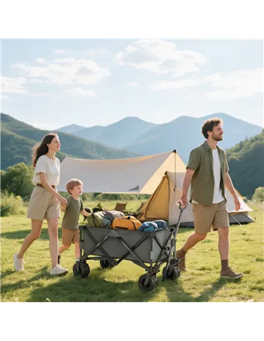 Outsunny Outdoor Pull Along Cart Folding Cargo Wagon Trailer Trolley for Beach Garden with Handle, Anti-Slip Wheel - Dark Grey