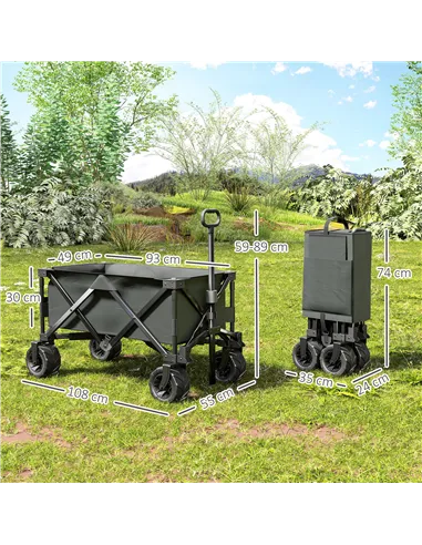 Outsunny Outdoor Pull Along Cart Folding Cargo Wagon Trailer Trolley for Beach Garden with Handle, Anti-Slip Wheel - Dark Grey