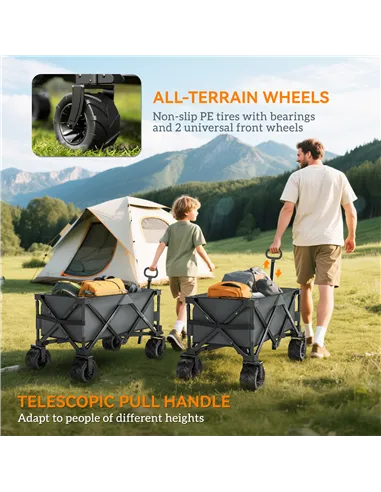 Outsunny Outdoor Pull Along Cart Folding Cargo Wagon Trailer Trolley for Beach Garden with Handle, Anti-Slip Wheel - Dark Grey